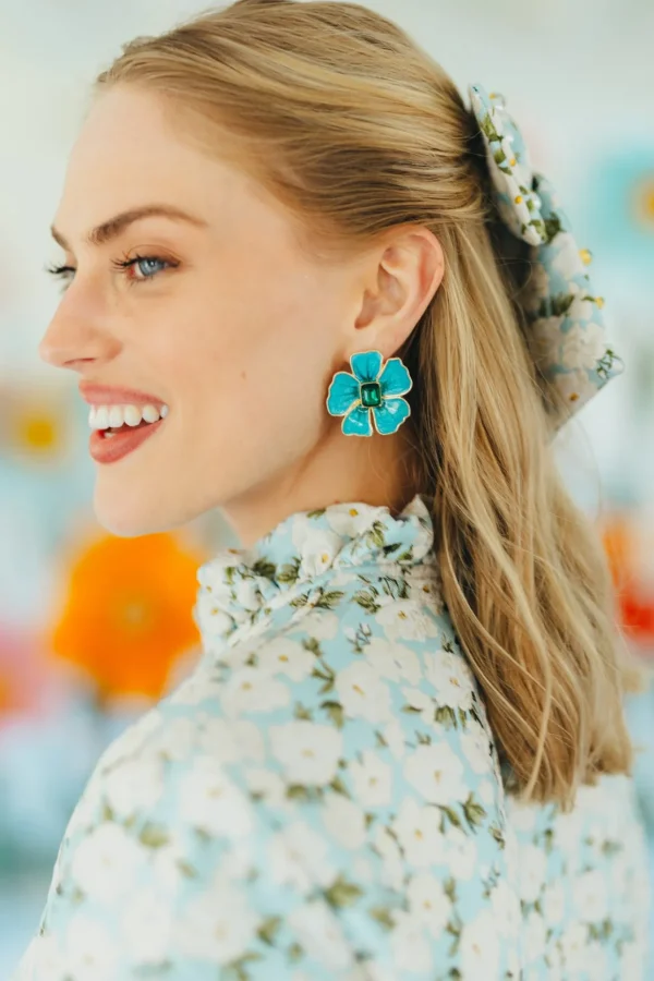 Hand Painted Blue and Green Hibiscus Earring-Brianna Cannon Sale