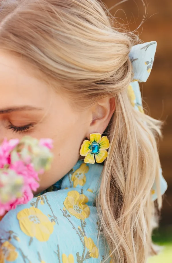 Hand Painted Yellow and Blue Hibiscus Earring-Brianna Cannon Hot