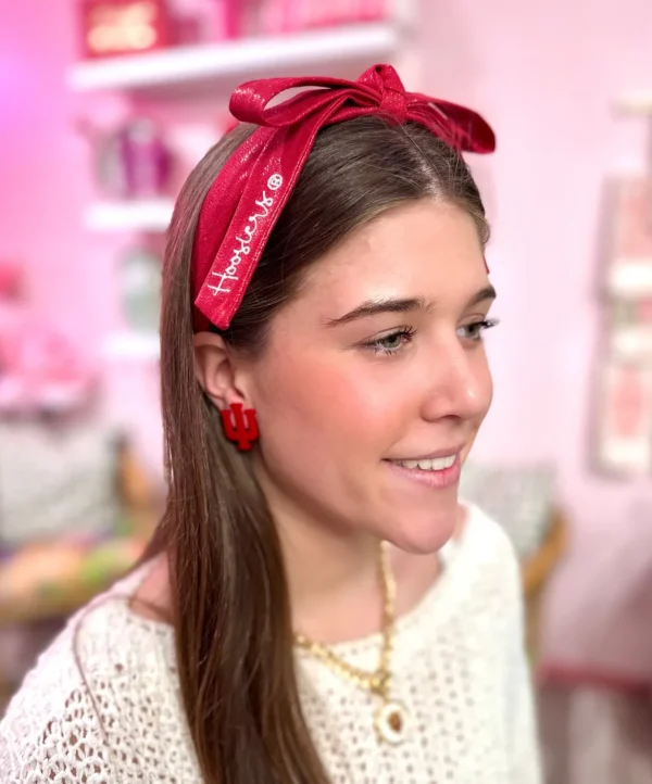 Indiana Crimson Thin Embroidered Ribbon Bow Headband-Brianna Cannon Outlet