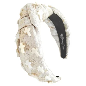 Ivory Brocade Headband with Pearl Crosses-Brianna Cannon Best