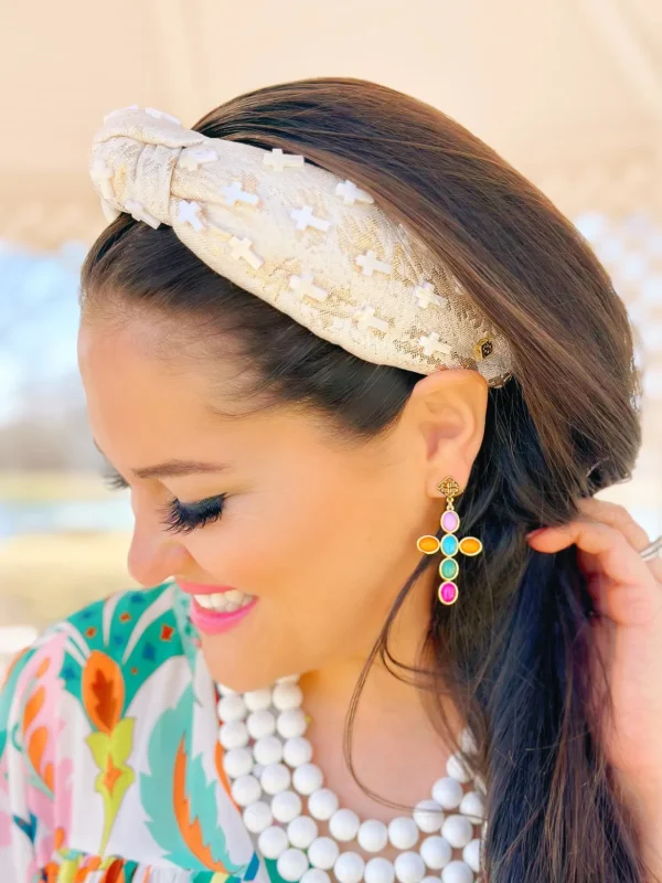 Ivory Brocade Headband with Pearl Crosses-Brianna Cannon Best