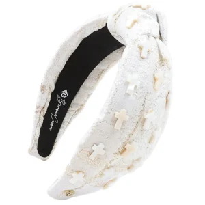 Ivory Brocade Headband with Pearl Crosses-Brianna Cannon Best