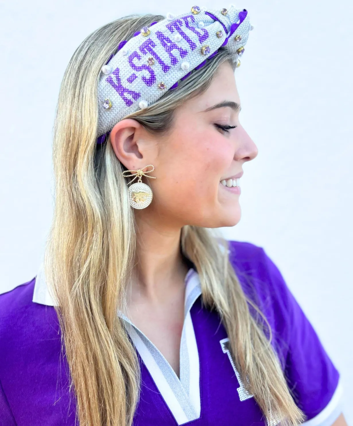 kansas_state_logo_pearl_m_1.webp Kansas State Logo Pearl Medallion Earring-Brianna Cannon Outlet