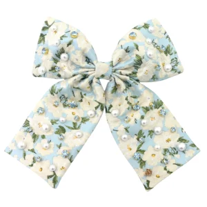 Light Blue & White Floral Bow Barrette with Crystals & Pearls-Brianna Cannon Sale