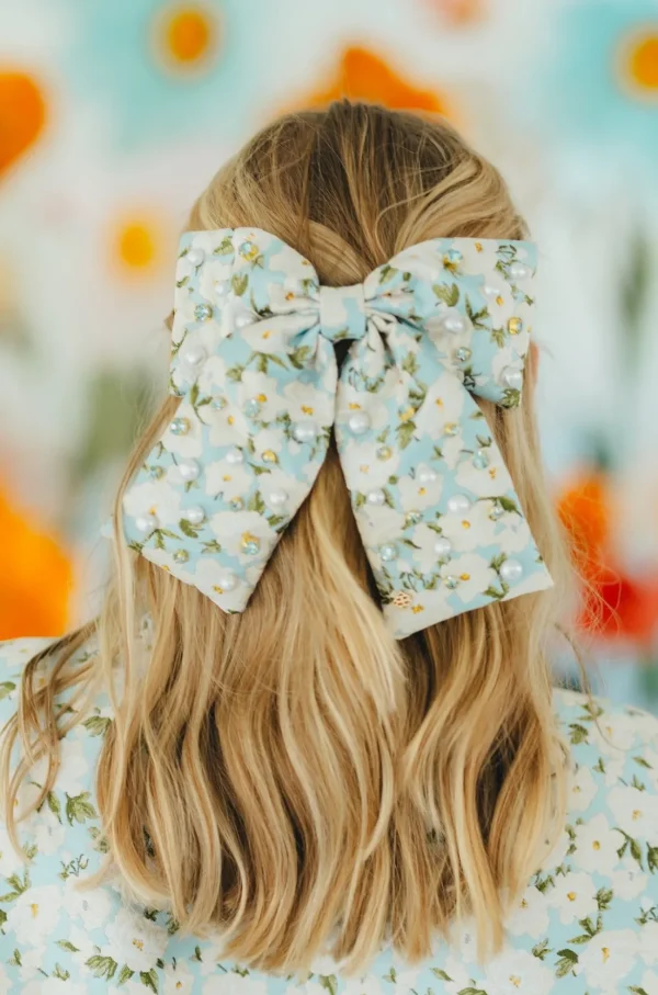 Light Blue & White Floral Bow Barrette with Crystals & Pearls-Brianna Cannon Sale
