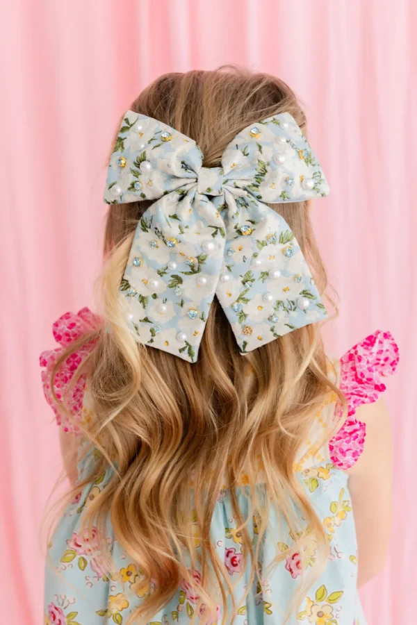 Light Blue & White Floral Bow Barrette with Crystals & Pearls-Brianna Cannon Sale