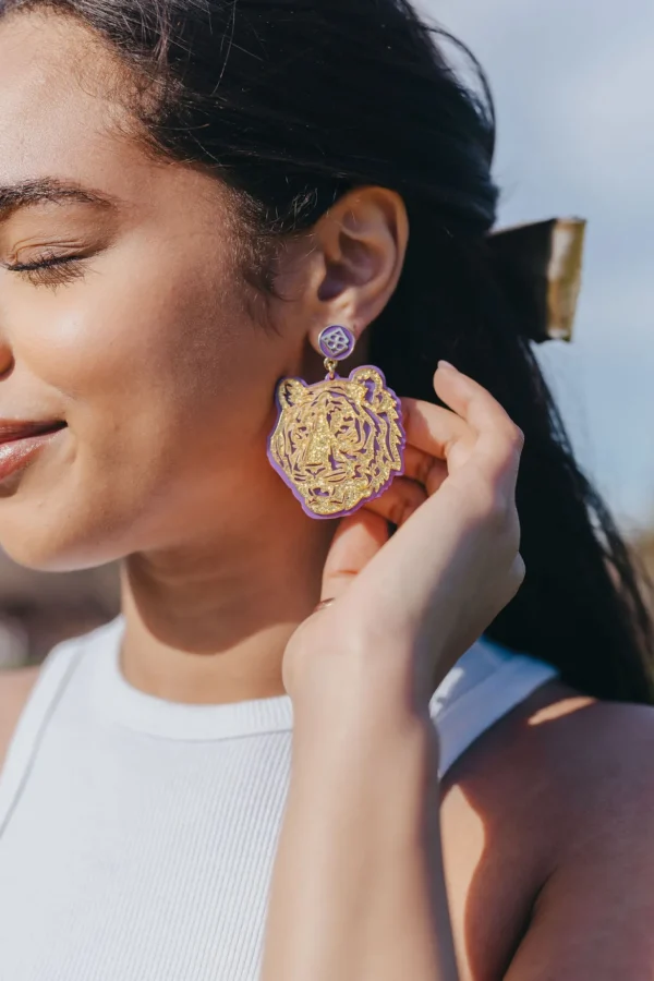 LSU Gold Glitter & Purple Tiger Earrings-Brianna Cannon Fashion