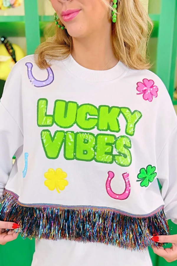 Lucky Vibes Cropped Rainbow Fringe Sweatshirt-Brianna Cannon Sale