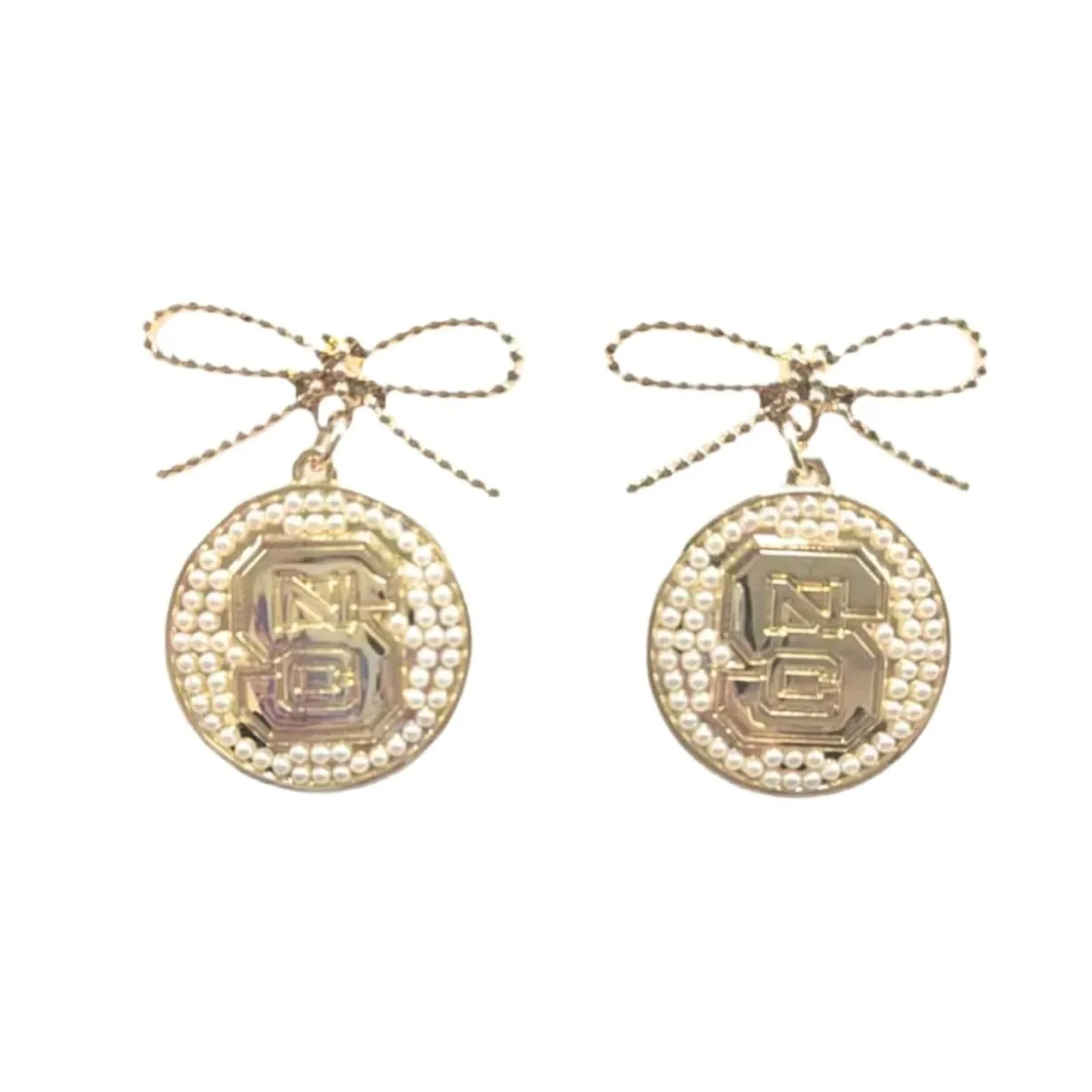 nc_state_pearl_bow_medall_0.webp NC State Pearl Bow Medallion Earrings-Brianna Cannon Fashion