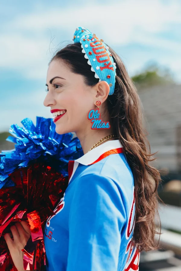 Ole Miss Powder Blue & Red Ole Miss Script Earrings with Red Logo Top-Brianna Cannon Online