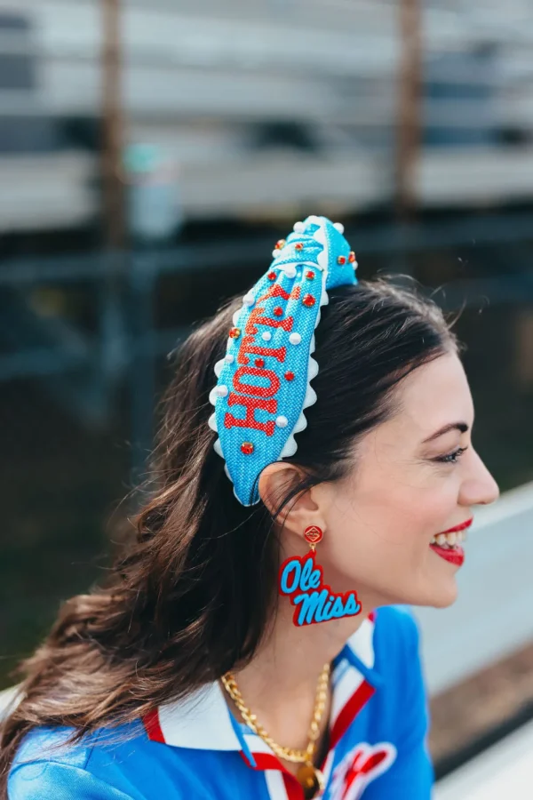 Ole Miss Powder Blue & Red Ole Miss Script Earrings with Red Logo Top-Brianna Cannon Online