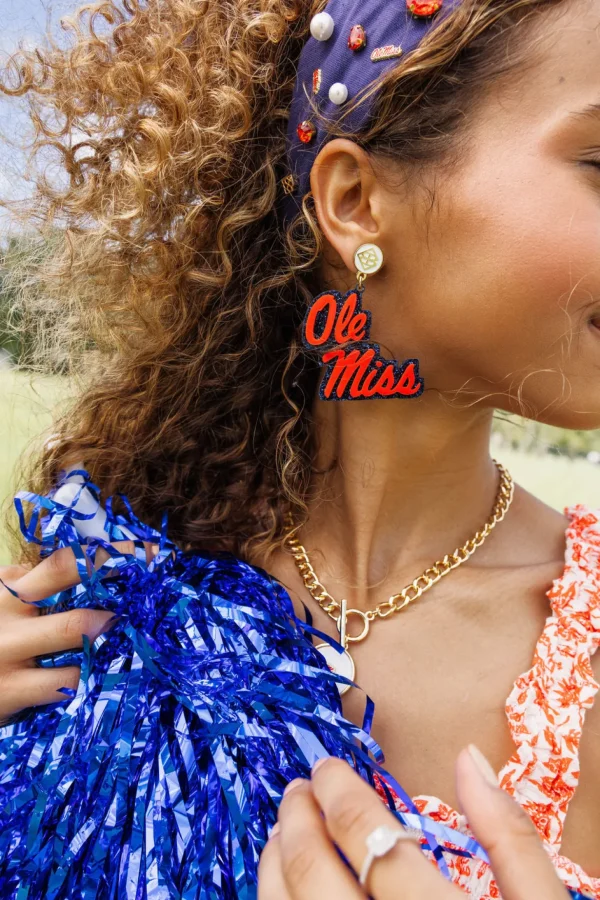 Ole Miss Red and Navy Glitter Ole Miss Script Earrings-Brianna Cannon Sale