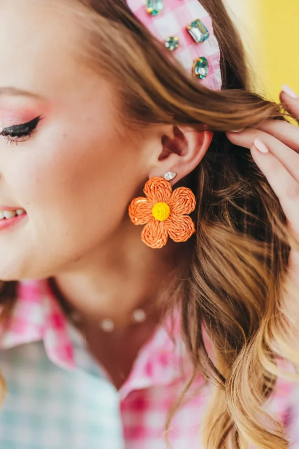 Orange Raffia Daisy Earrings-Brianna Cannon Online