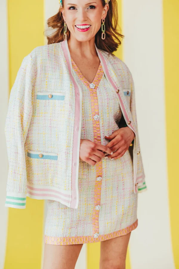 Pastel Tweed Dress with Floral Trim-Brianna Cannon Discount