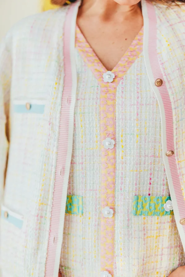 Pastel Tweed Dress with Floral Trim-Brianna Cannon Discount