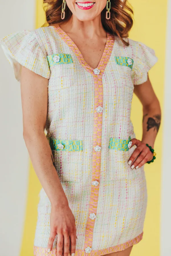 Pastel Tweed Dress with Floral Trim-Brianna Cannon Discount