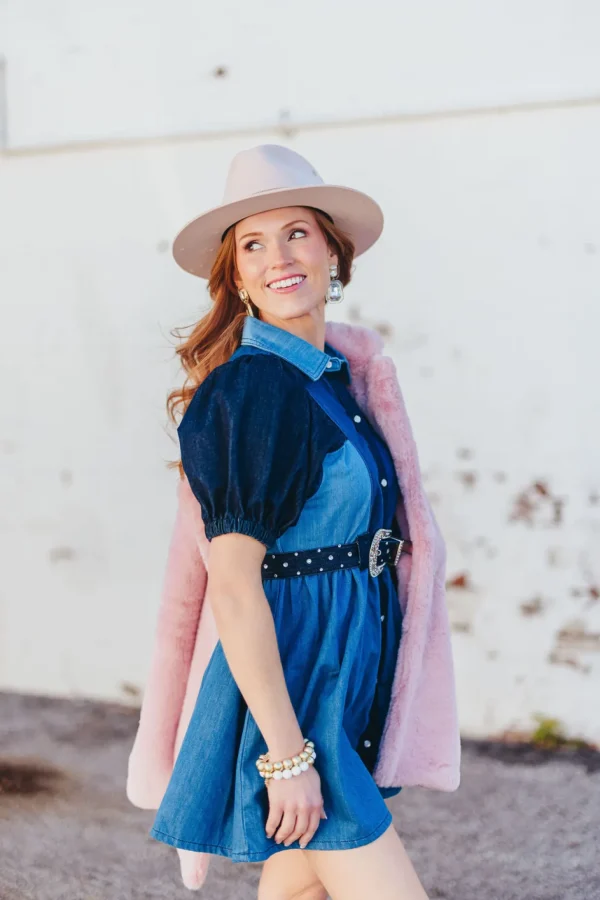 Patchwork Denim Dress with Belt-Brianna Cannon Online