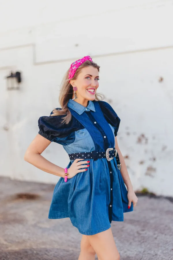 Patchwork Denim Dress with Belt-Brianna Cannon Online