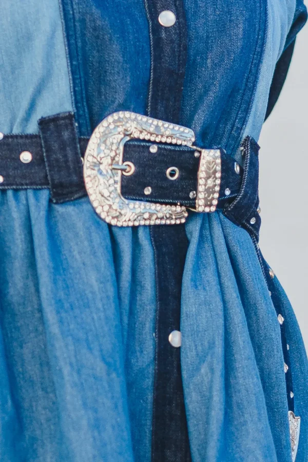 Patchwork Denim Dress with Belt-Brianna Cannon Online