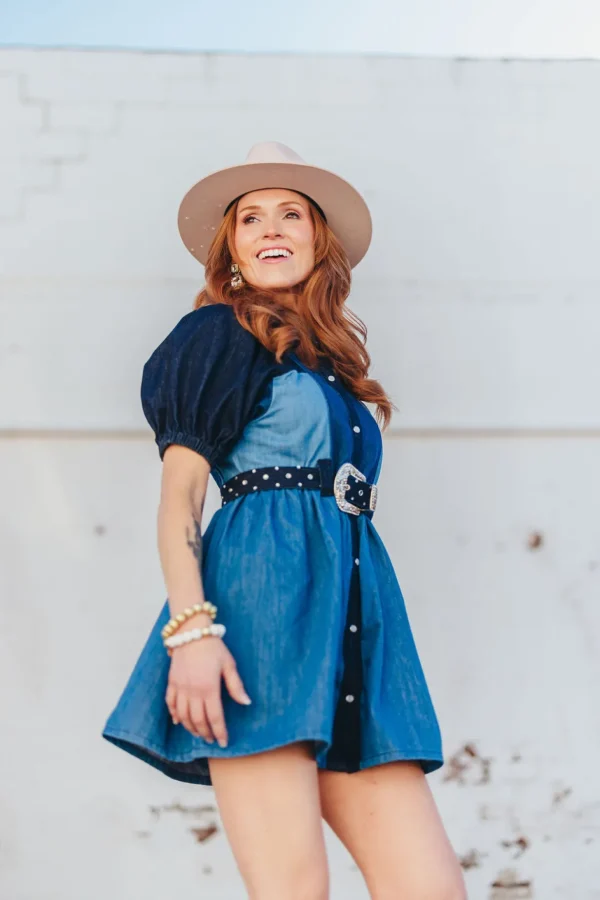 Patchwork Denim Dress with Belt-Brianna Cannon Online