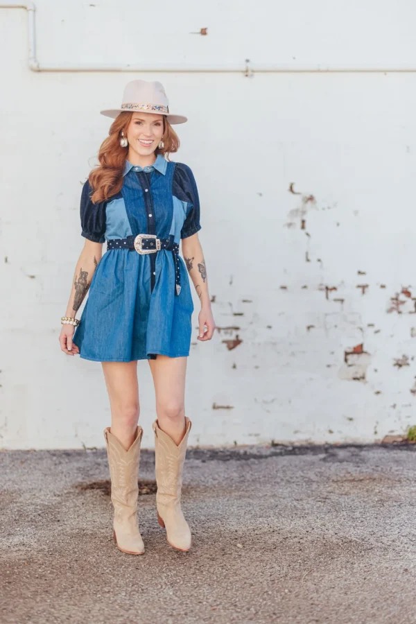 Patchwork Denim Dress with Belt-Brianna Cannon Online