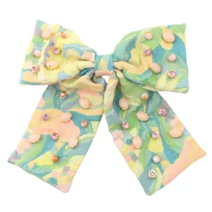 Peach & Green Floral Barrette Bow With Cabochons & Crystals-Brianna Cannon Online