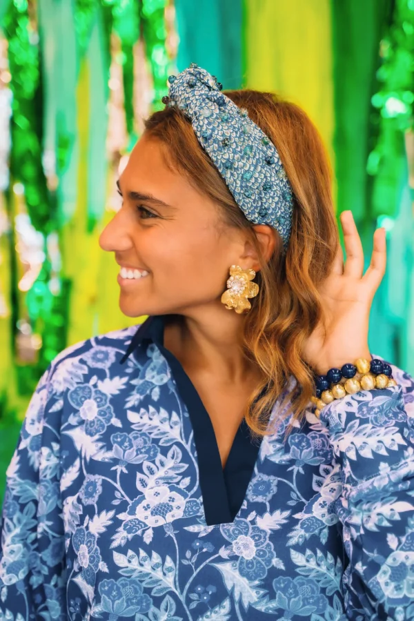 Peacock Blue Headband with Blue Marbled Beads-Brianna Cannon Outlet