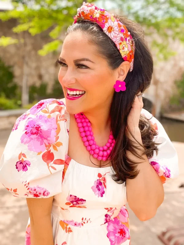 Pink and Orange Retro Floral Headband with Crystals and Pearls-Brianna Cannon Online