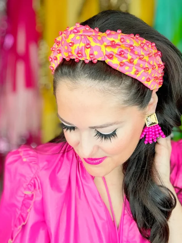 Pink and Yellow Flower Power Headband with Iridescent Beads-Brianna Cannon Discount