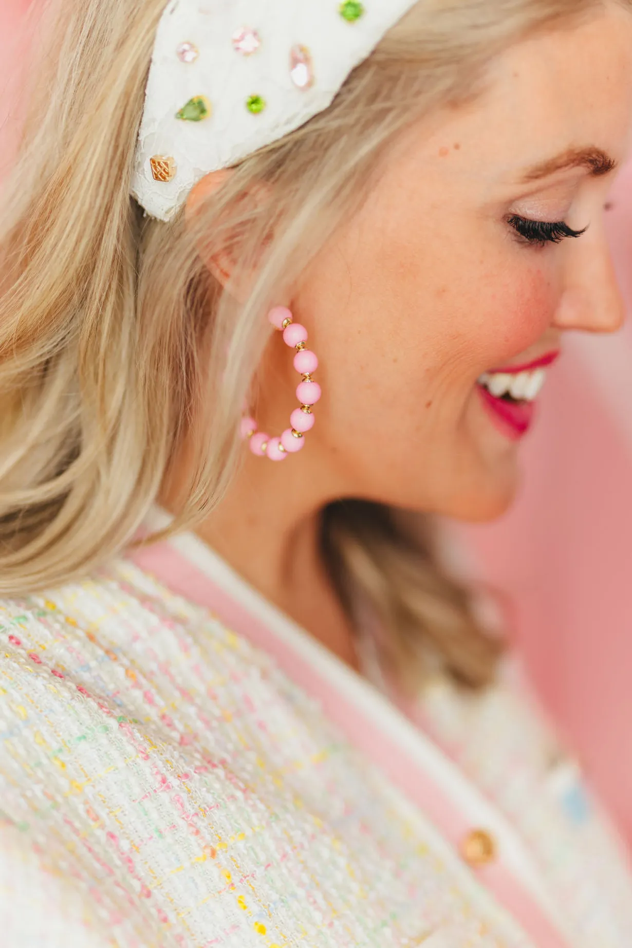 pink_beaded_hoop_earring_1.webp Pink Beaded Hoop Earring-Brianna Cannon Clearance