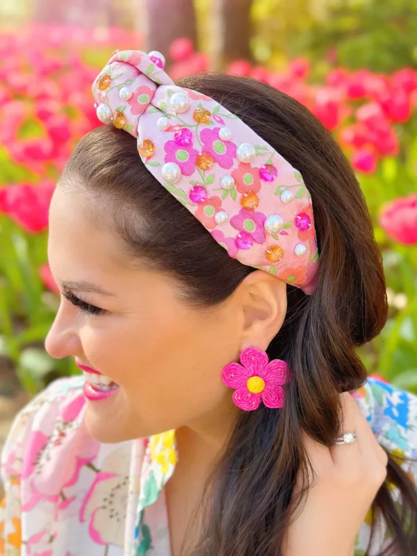 Pink Daisy Headband with Crystals and Pearls-Brianna Cannon Fashion