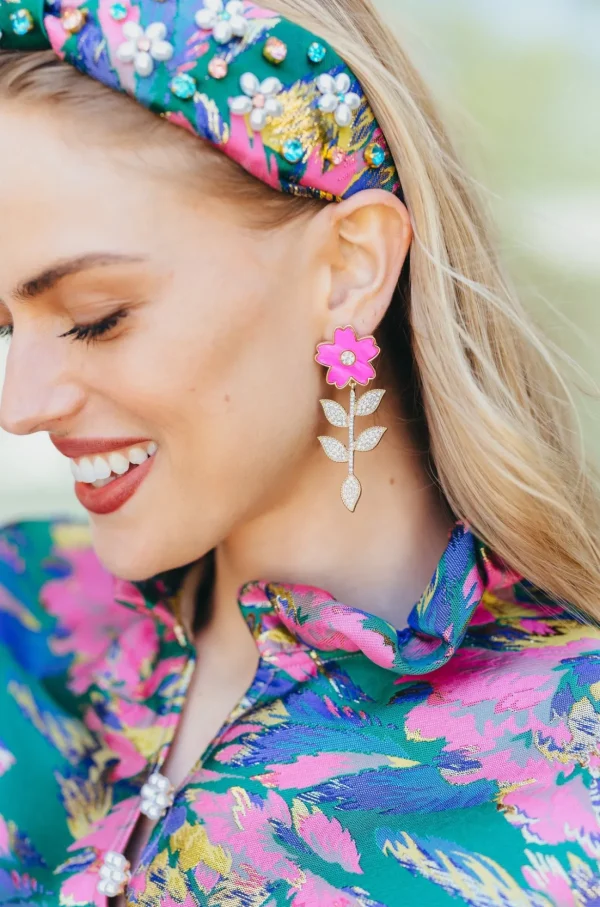 Pink Flower Earrings With Crystal Stem-Brianna Cannon New