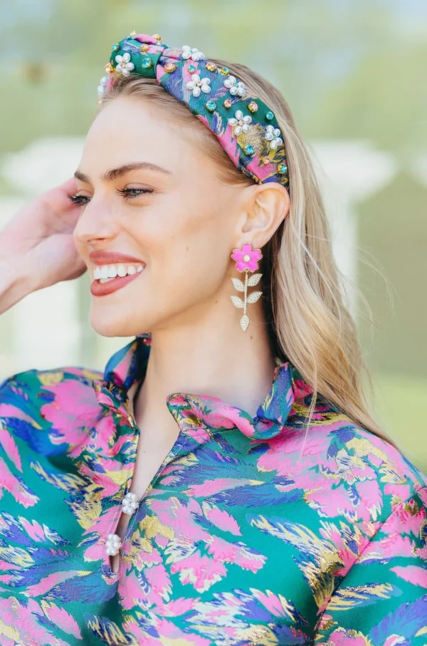 Pink Flower Earrings With Crystal Stem-Brianna Cannon New