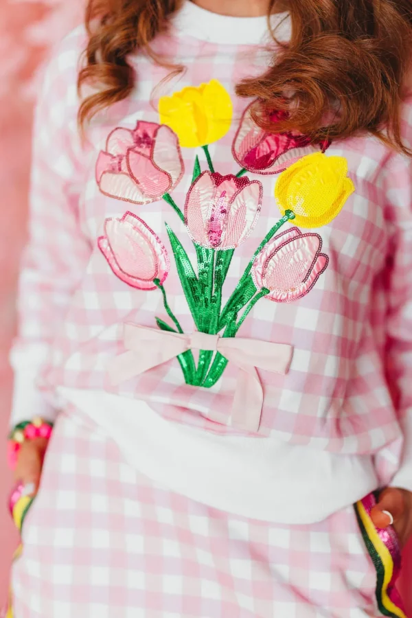 Pink Gingham Bouquet Sweatshirt PRE-ORDER (Est Ship 3/18)-Brianna Cannon New