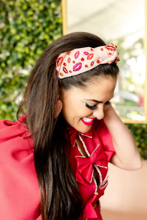 Pink Headband with Embroidered Lips and Crystals-Brianna Cannon Outlet