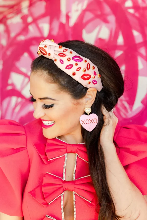 Pink Headband with Embroidered Lips and Crystals-Brianna Cannon Outlet