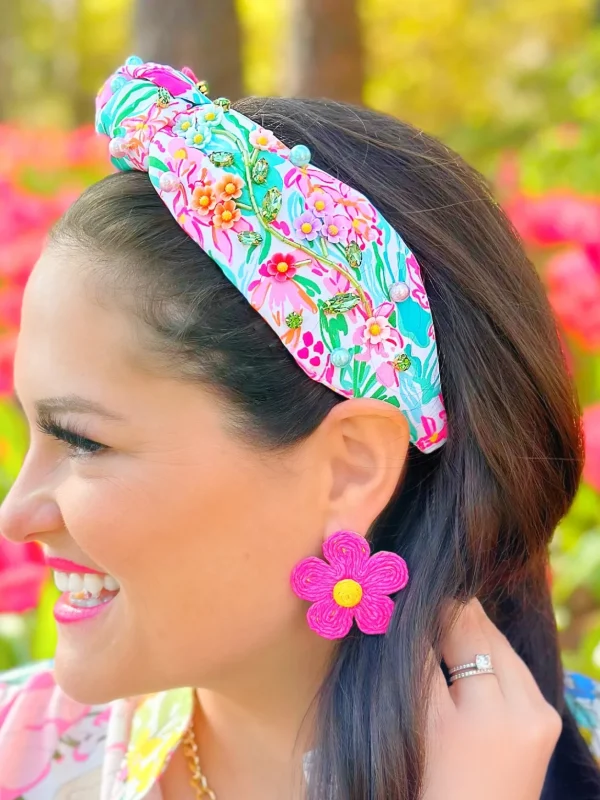 Pink Raffia Daisy Earrings-Brianna Cannon Online