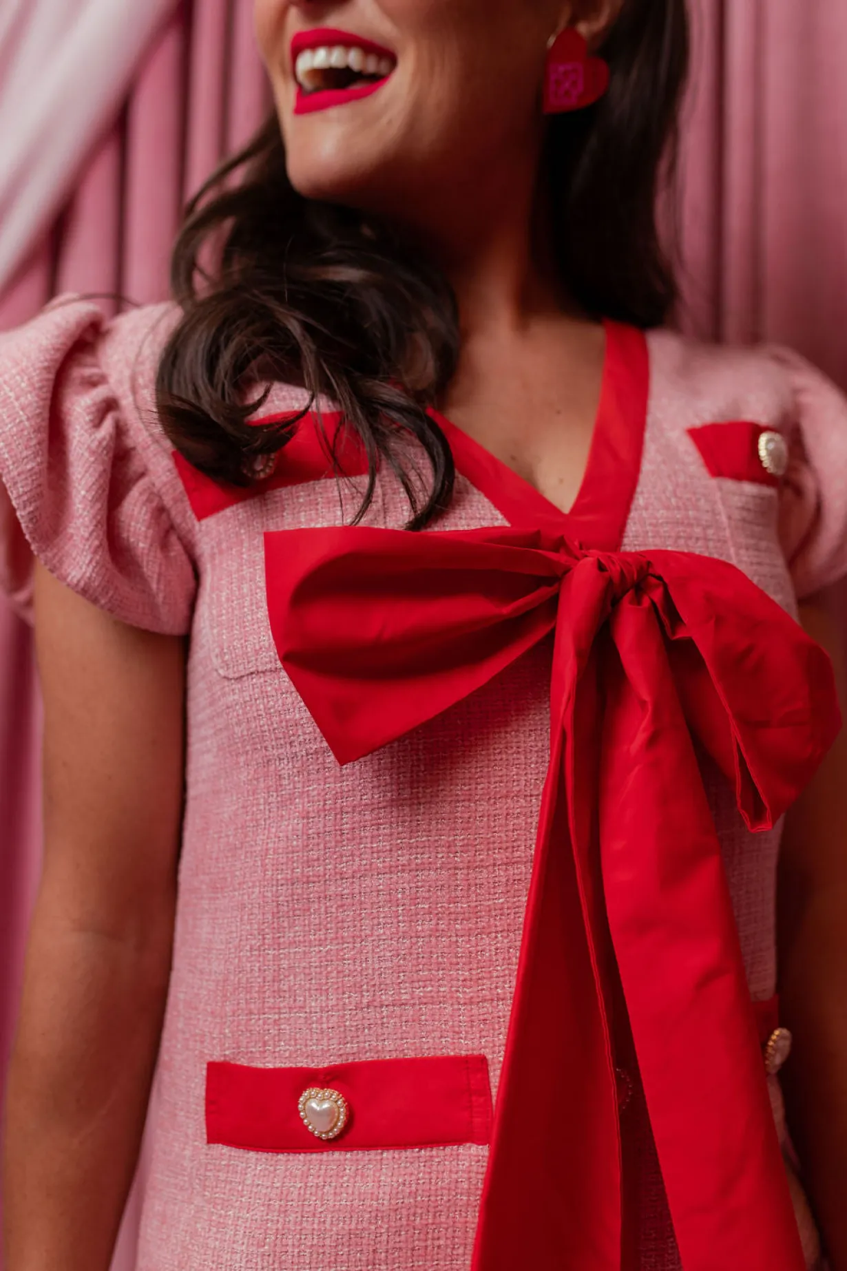 pink_tweed_dress_with_red_1.webp Pink Tweed Dress with Red Bow-Brianna Cannon Best