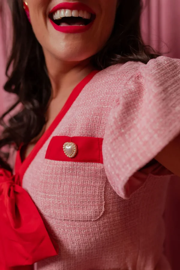 Pink Tweed Dress with Red Bow-Brianna Cannon Best