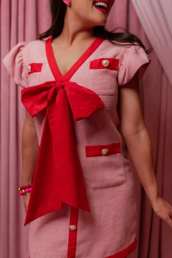 Pink Tweed Dress with Red Bow-Brianna Cannon Best