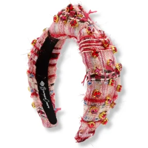 Red & Pink Tweed Headband with Heart Crystals-Brianna Cannon Clearance