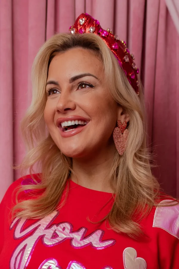 Red Glitter with Hand-Sewn Heart Crystals Headband-Brianna Cannon Discount