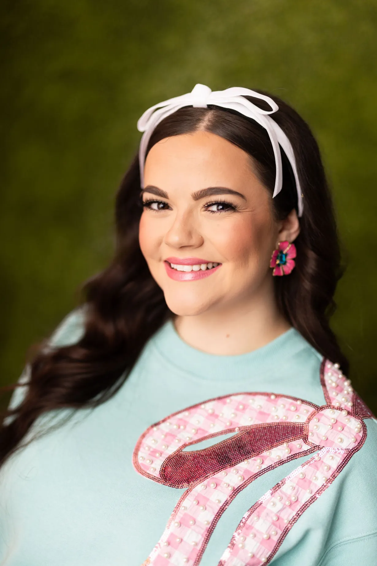 robin_egg_blue_sweatshirt_11.webp Robin Egg Blue Sweatshirt with Pink Gingham Bow PRE ORDER (Est. Ship 3/14)-Brianna Cannon Discount