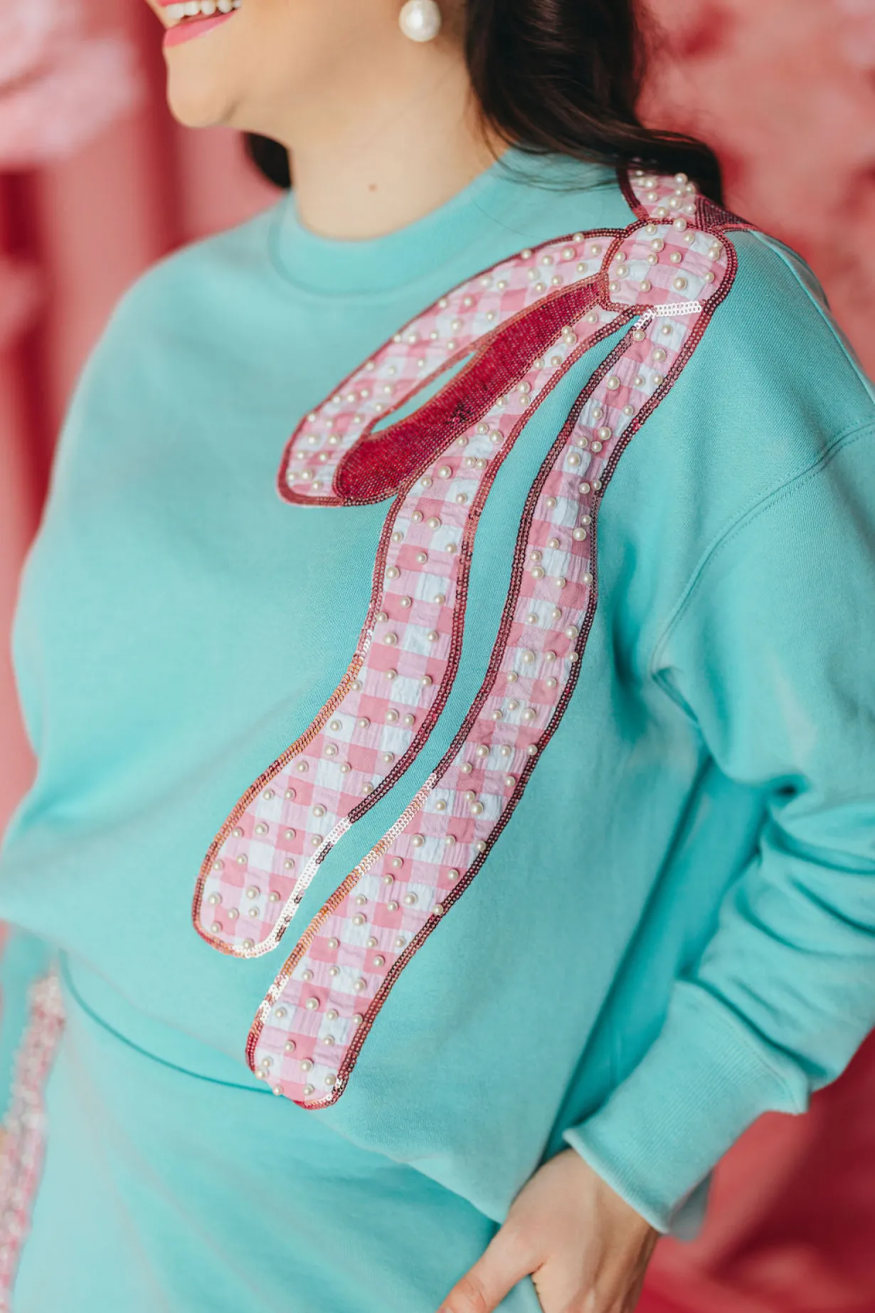 robin_egg_blue_sweatshirt_4.webp Robin Egg Blue Sweatshirt with Pink Gingham Bow PRE ORDER (Est. Ship 3/14)-Brianna Cannon Discount