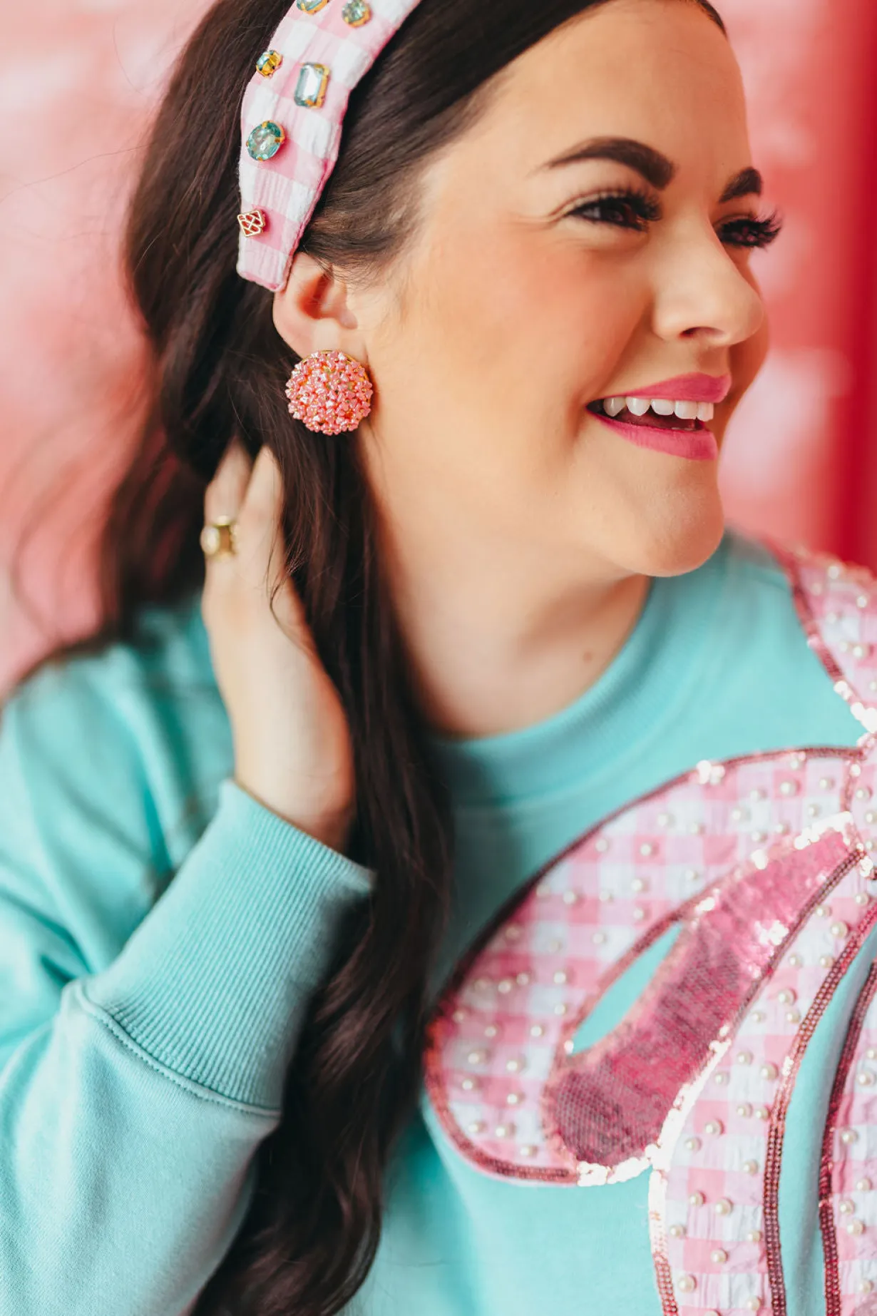 robin_egg_blue_sweatshirt_9.webp Robin Egg Blue Sweatshirt with Pink Gingham Bow PRE ORDER (Est. Ship 3/14)-Brianna Cannon Discount