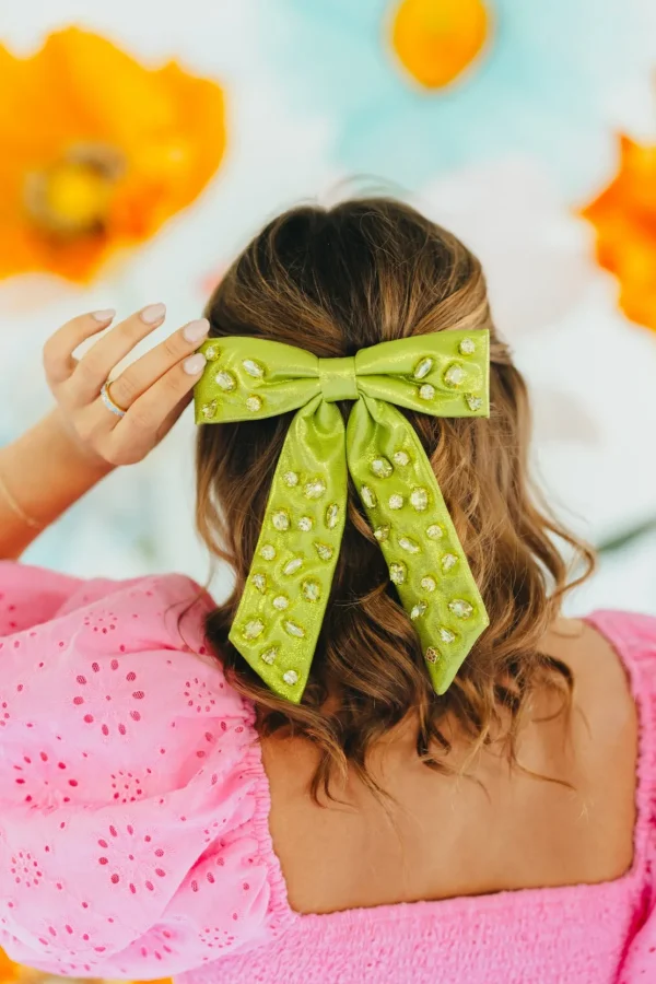 Shimmer Bow Barrette with Hand Sewn Crystals in Green-Brianna Cannon New
