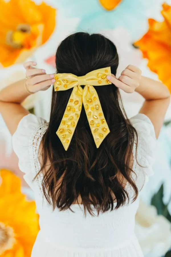 Shimmer Bow Barrette with Hand Sewn Crystals in Yellow-Brianna Cannon New
