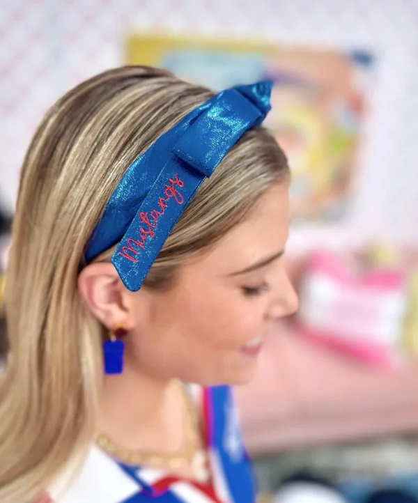 SMU Blue Thin Embroidered Ribbon Bow Headband-Brianna Cannon Sale