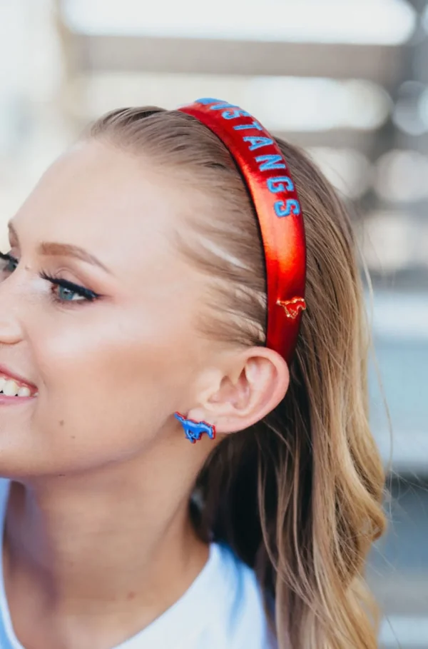 SMU Red Thin Embroidered Headband-Brianna Cannon Online