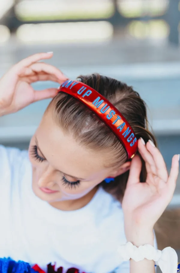 SMU Red Thin Embroidered Headband-Brianna Cannon Online